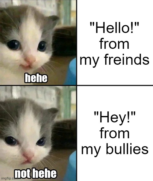 Cute cat hehe and not hehe | "Hello!" from my freinds; "Hey!" from my bullies | image tagged in cute cat hehe and not hehe | made w/ Imgflip meme maker