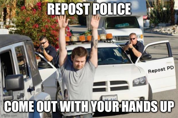 Repost Police | REPOST POLICE COME OUT WITH YOUR HANDS UP | image tagged in repost police | made w/ Imgflip meme maker
