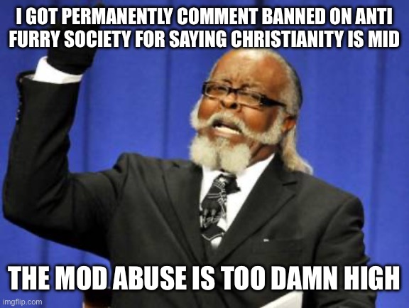 wawawa | I GOT PERMANENTLY COMMENT BANNED ON ANTI FURRY SOCIETY FOR SAYING CHRISTIANITY IS MID; THE MOD ABUSE IS TOO DAMN HIGH | image tagged in memes,too damn high | made w/ Imgflip meme maker