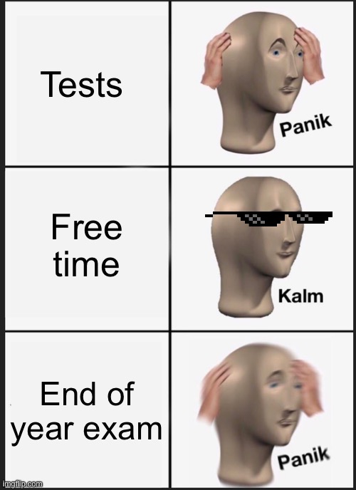Panik Kalm Panik | Tests; Free time; End of year exam | image tagged in memes,panik kalm panik | made w/ Imgflip meme maker