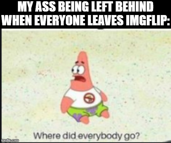 I really like the meme generator :/ | MY ASS BEING LEFT BEHIND WHEN EVERYONE LEAVES IMGFLIP: | image tagged in alone patrick | made w/ Imgflip meme maker