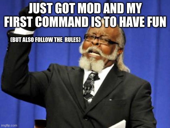 i got mod and im happy | JUST GOT MOD AND MY FIRST COMMAND IS TO HAVE FUN; (BUT ALSO FOLLOW THE  RULES) | image tagged in memes,too damn high | made w/ Imgflip meme maker