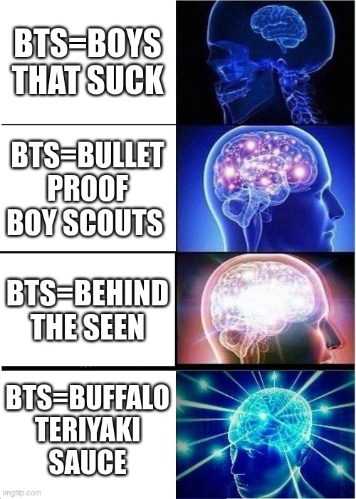 Expanding Brain | BTS=BOYS THAT SUCK; BTS=BULLET PROOF BOY SCOUTS; BTS=BEHIND THE SEEN; BTS=BUFFALO TERIYAKI  SAUCE | image tagged in memes,expanding brain | made w/ Imgflip meme maker