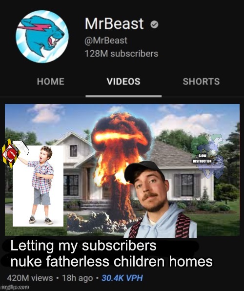 MrBeast thumbnail template | SLOW DESTRUCTION; Letting my subscribers nuke fatherless children homes | image tagged in mrbeast thumbnail template | made w/ Imgflip meme maker