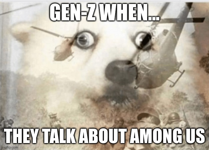 i praise da doge | GEN-Z WHEN... THEY TALK ABOUT AMONG US | image tagged in ptsd dog | made w/ Imgflip meme maker
