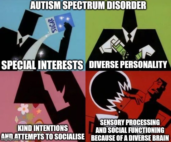 What it can be like to be on the autism spectrum | AUTISM SPECTRUM DISORDER; SPECIAL INTERESTS; DIVERSE PERSONALITY; KIND INTENTIONS AND ATTEMPTS TO SOCIALISE; SENSORY PROCESSING AND SOCIAL FUNCTIONING BECAUSE OF A DIVERSE BRAIN | image tagged in powerpuff girls creation,autism,autistic,comics/cartoons,cartoon network,repost | made w/ Imgflip meme maker