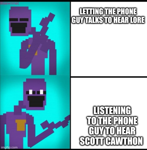 Drake Hotline Bling Meme FNAF EDITION | LETTING THE PHONE GUY TALKS TO HEAR LORE; LISTENING TO THE PHONE GUY TO HEAR SCOTT CAWTHON | image tagged in drake hotline bling meme fnaf edition | made w/ Imgflip meme maker