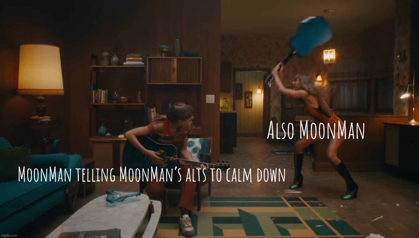 “You need to calm down” —MoonMan’s version | Also MoonMan; MoonMan telling MoonMan’s alts to calm down | image tagged in moonman,you,need,to,calm,down | made w/ Imgflip meme maker