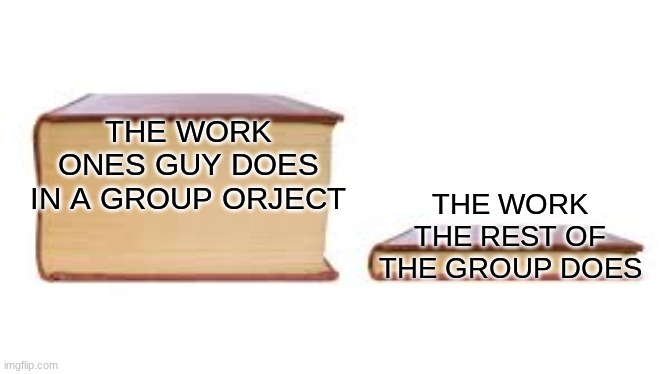 group projects be like | THE WORK ONES GUY DOES IN A GROUP ORJECT; THE WORK THE REST OF THE GROUP DOES | image tagged in big book small book | made w/ Imgflip meme maker