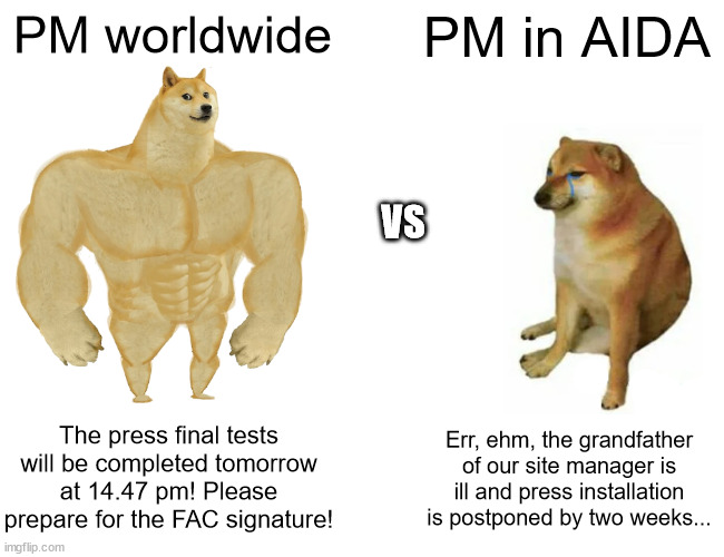 Buff Doge vs. Cheems | PM worldwide; PM in AIDA; VS; The press final tests will be completed tomorrow at 14.47 pm! Please prepare for the FAC signature! Err, ehm, the grandfather of our site manager is ill and press installation is postponed by two weeks... | image tagged in memes,buff doge vs cheems,project manager,yard management | made w/ Imgflip meme maker