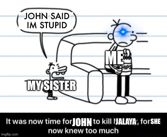 Im done with this crap | JOHN SAID IM STUPID; ME; MY SISTER; JOHN; JALAYA; SHE | image tagged in it was now time for greg to kill manny for he now knew too much | made w/ Imgflip meme maker