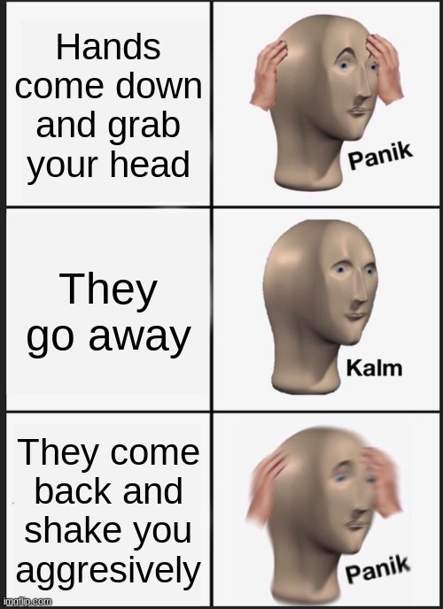 I made this in my First Hour Class | Hands come down and grab your head; They go away; They come back and shake you aggresively | image tagged in memes,panik kalm panik | made w/ Imgflip meme maker
