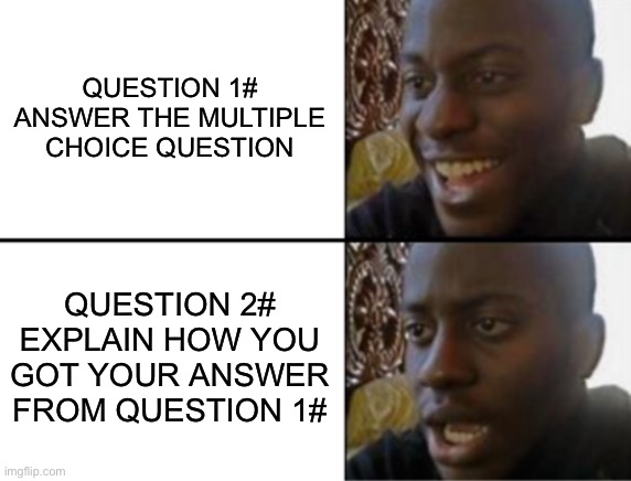 I hate these kind of questions so much | QUESTION 1# ANSWER THE MULTIPLE  CHOICE QUESTION; QUESTION 2# EXPLAIN HOW YOU GOT YOUR ANSWER FROM QUESTION 1# | image tagged in memes,funny,relatable memes,so true memes,true story | made w/ Imgflip meme maker