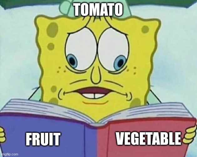 which is it? | TOMATO; VEGETABLE; FRUIT | image tagged in cross eyed spongebob,tomato,fruit,vegetables | made w/ Imgflip meme maker