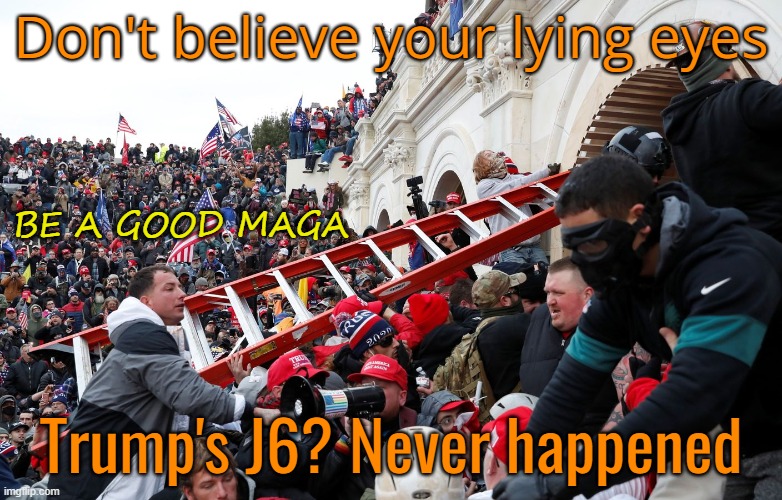 Qanon - Insurrection - Trump riot - sedition | Don't believe your lying eyes Trump's J6? Never happened BE A GOOD MAGA | image tagged in qanon - insurrection - trump riot - sedition | made w/ Imgflip meme maker