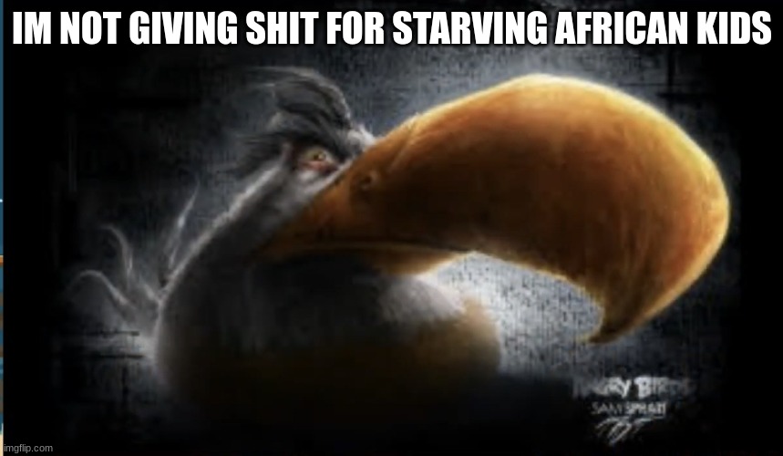 Realistic Mighty Eagle | IM NOT GIVING SHIT FOR STARVING AFRICAN KIDS | image tagged in realistic mighty eagle | made w/ Imgflip meme maker