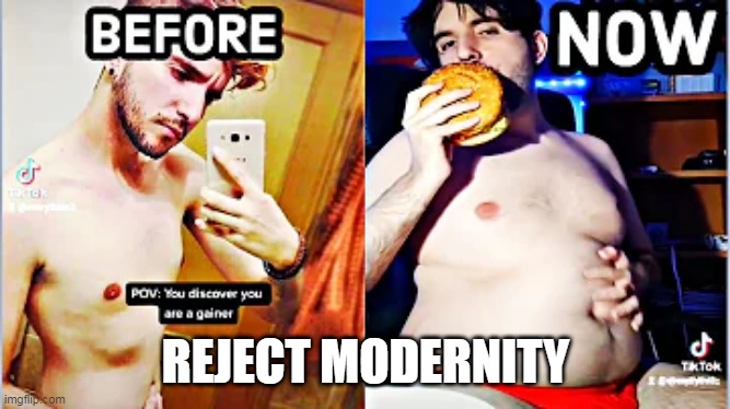 Gainer guy who got fat on purpose in TikTok | REJECT MODERNITY | image tagged in fat,tiktok,gainer,reject modernity embrace tradition,obesity,gym memes | made w/ Imgflip meme maker