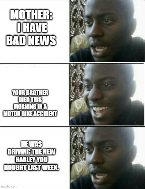 disappointed black guy 3 panel | MOTHER:  I HAVE BAD NEWS; YOUR BROTHER DIED THIS MORNING IN A MOTOR BIKE ACCIDENT; HE WAS DRIVING THE NEW HARLEY YOU BOUGHT LAST WEEK. | image tagged in disappointed black guy 3 panel | made w/ Imgflip meme maker