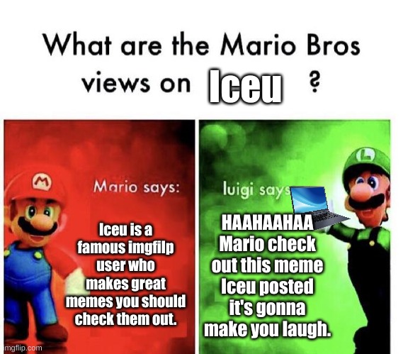 Mario Bros and Iceu. | Iceu; Iceu is a famous imgfilp user who makes great memes you should check them out. HAAHAAHAA Mario check out this meme Iceu posted it's gonna make you laugh. | image tagged in mario bros views | made w/ Imgflip meme maker