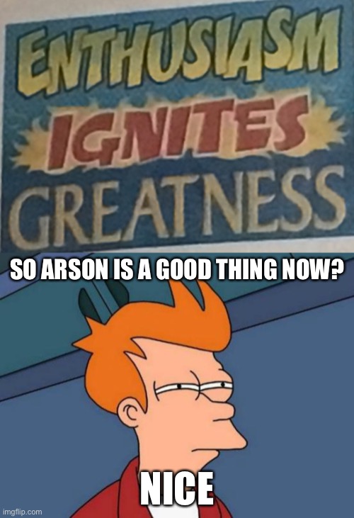 Interesting….. | SO ARSON IS A GOOD THING NOW? NICE | image tagged in memes,futurama fry | made w/ Imgflip meme maker