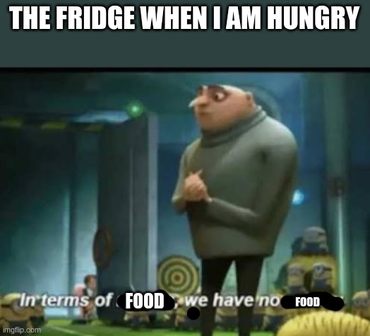 no food | THE FRIDGE WHEN I AM HUNGRY; FOOD; FOOD | image tagged in in terms of money | made w/ Imgflip meme maker