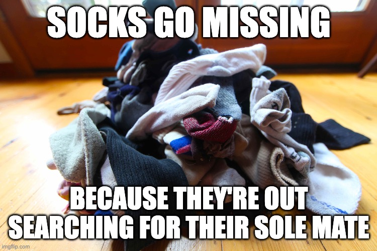 Why Didn't I Think Of That? | SOCKS GO MISSING; BECAUSE THEY'RE OUT SEARCHING FOR THEIR SOLE MATE | image tagged in socks,missing,bad puns | made w/ Imgflip meme maker