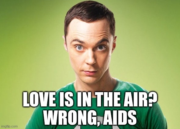 Sheldon Cooper | LOVE IS IN THE AIR?
WRONG, AIDS | image tagged in sheldon cooper | made w/ Imgflip meme maker