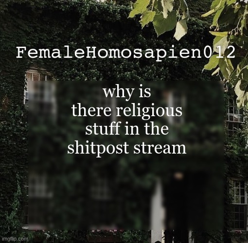 FemaleHomosapien012 | why is there religious stuff in the shitpost stream | image tagged in femalehomosapien012 | made w/ Imgflip meme maker