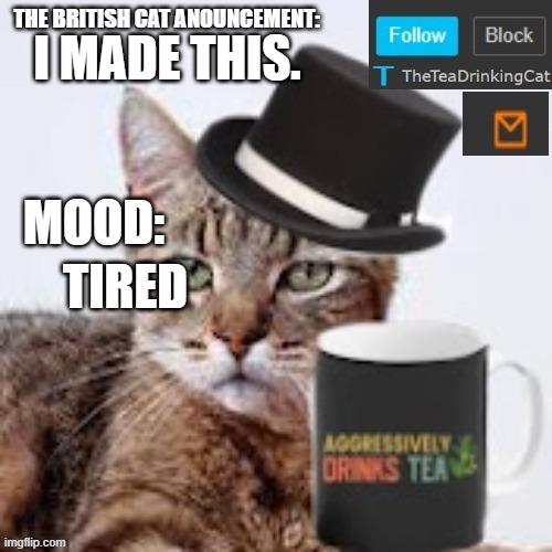e | I MADE THIS. TIRED | image tagged in theteadrinkingcat's announcement template | made w/ Imgflip meme maker