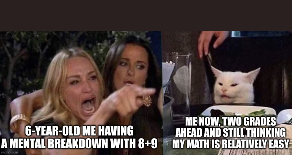 m a t h | 6-YEAR-OLD ME HAVING A MENTAL BREAKDOWN WITH 8+9; ME NOW, TWO GRADES AHEAD AND STILL THINKING MY MATH IS RELATIVELY EASY | image tagged in woman yelling at cat | made w/ Imgflip meme maker
