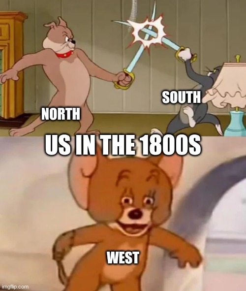 West | SOUTH; NORTH; US IN THE 1800S; WEST | image tagged in tom and spike fighting | made w/ Imgflip meme maker