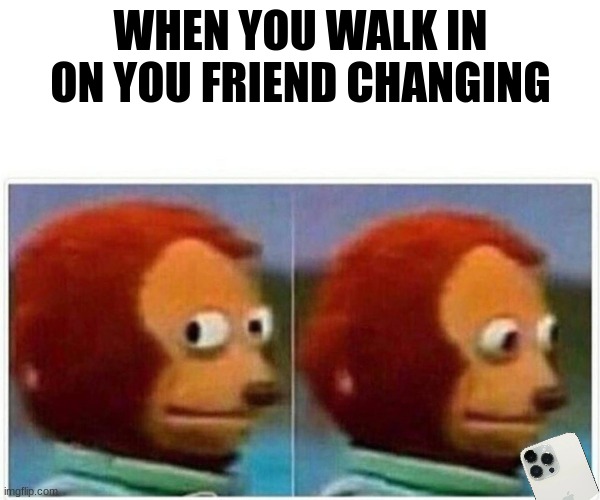 Hehe | WHEN YOU WALK IN ON YOU FRIEND CHANGING | image tagged in memes,monkey puppet | made w/ Imgflip meme maker