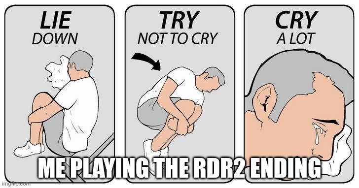 sit down, try not to cry, cry alot. | ME PLAYING THE RDR2 ENDING | image tagged in sit down try not to cry cry alot | made w/ Imgflip meme maker