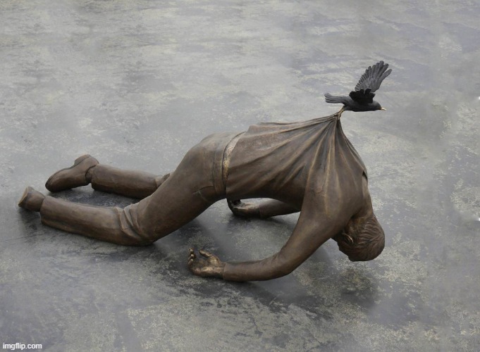 sculpture of dead man being carried by bird | image tagged in sculpture of dead man being carried by bird | made w/ Imgflip meme maker