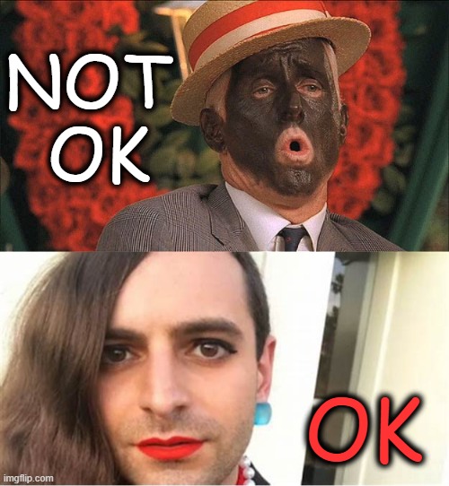 Isn't It Ironic? | NOT 
OK; OK | image tagged in politics,double standards,blackface,not okay rage face,transgender,this is fine | made w/ Imgflip meme maker