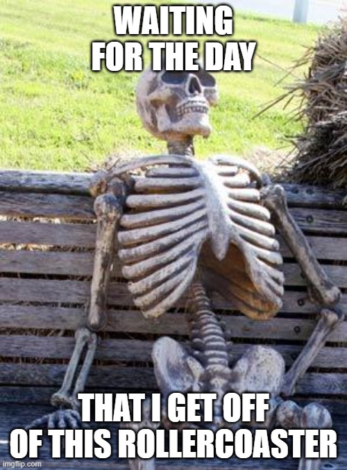sound familiar? | WAITING FOR THE DAY; THAT I GET OFF OF THIS ROLLERCOASTER | image tagged in memes,waiting skeleton | made w/ Imgflip meme maker