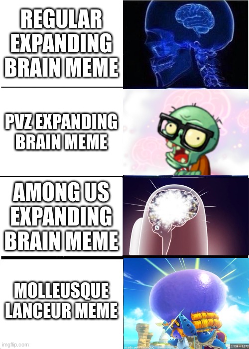 Expanding Brain Meme | REGULAR EXPANDING BRAIN MEME; PVZ EXPANDING BRAIN MEME; AMONG US EXPANDING BRAIN MEME; MOLLEUSQUE LANCEUR MEME | image tagged in memes,expanding brain | made w/ Imgflip meme maker