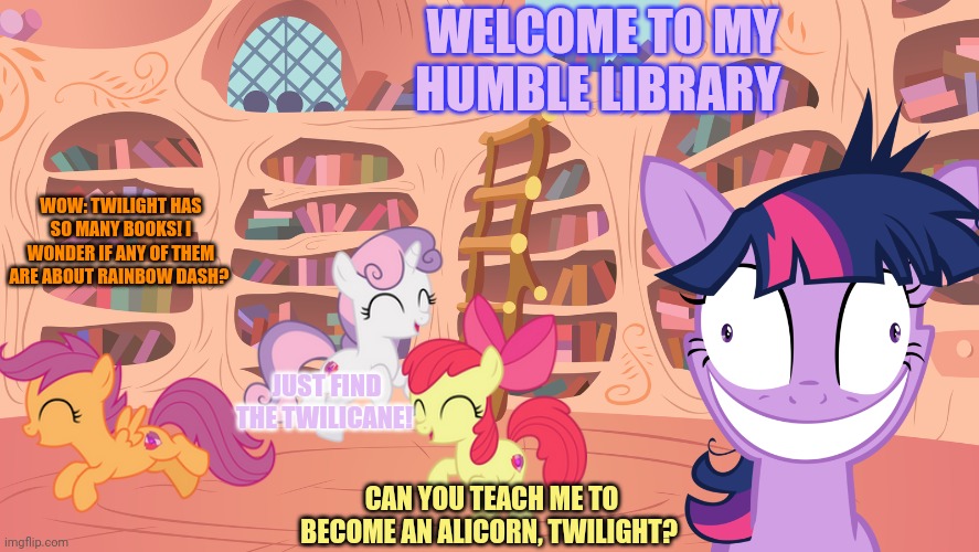 WELCOME TO MY HUMBLE LIBRARY WOW: TWILIGHT HAS SO MANY BOOKS! I WONDER IF ANY OF THEM ARE ABOUT RAINBOW DASH? JUST FIND THE TWILICANE! CAN Y | made w/ Imgflip meme maker