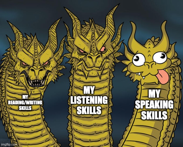 My english skills | MY LISTENING SKILLS; MY SPEAKING SKILLS; MY READING/WRITING SKILLS | image tagged in three-headed dragon | made w/ Imgflip meme maker