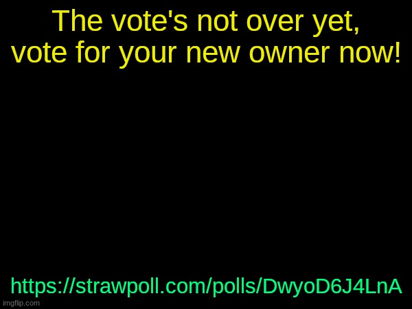 this is all a /j and not to be taken seriously | The vote's not over yet, vote for your new owner now! https://strawpoll.com/polls/DwyoD6J4LnA | image tagged in drizzy text temp | made w/ Imgflip meme maker
