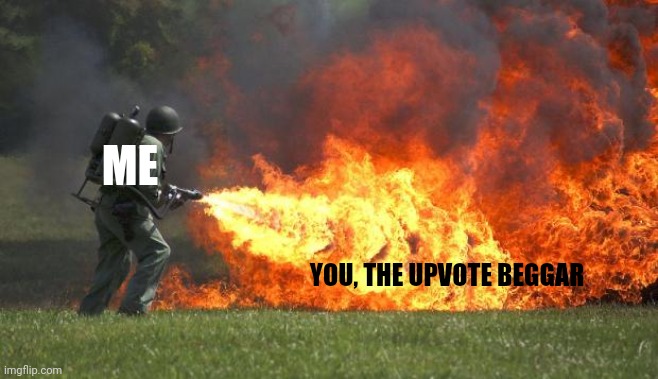 flamethrower | ME YOU, THE UPVOTE BEGGAR | image tagged in flamethrower | made w/ Imgflip meme maker