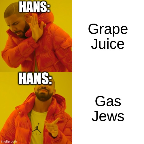 Drake Hotline Bling Meme | Grape Juice Gas Jews HANS: HANS: | image tagged in memes,drake hotline bling | made w/ Imgflip meme maker