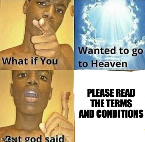 terms and conditions | PLEASE READ THE TERMS AND CONDITIONS | image tagged in what if you wanted to go to heaven | made w/ Imgflip meme maker