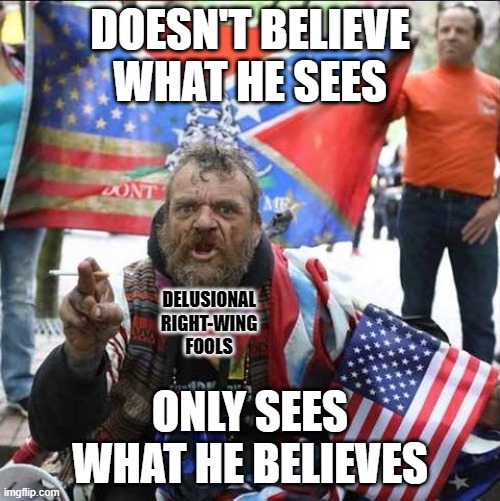 "What a fool believes, he sees." - Michael McDonald and Kenny Loggins | DOESN'T BELIEVE WHAT HE SEES; DELUSIONAL
RIGHT-WING
FOOLS; ONLY SEES WHAT HE BELIEVES | image tagged in conservative alt right tardo,delusional,conservative logic,insanity,conspiracy theories,psycho | made w/ Imgflip meme maker
