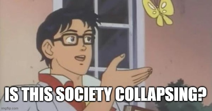 Is this society collapsing? | IS THIS SOCIETY COLLAPSING? | image tagged in is this a pigeon | made w/ Imgflip meme maker