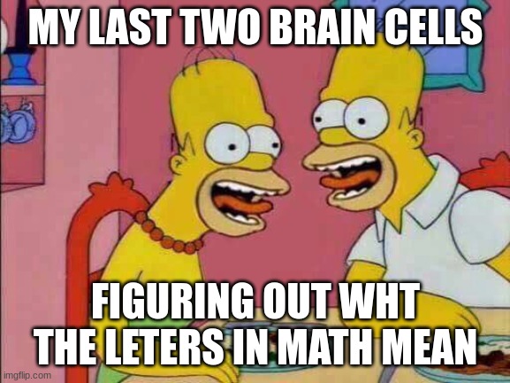 My Last Two Brain Cells | MY LAST TWO BRAIN CELLS; FIGURING OUT WHAT THE LETTERS IN MATH MEAN | image tagged in my last two brain cells | made w/ Imgflip meme maker