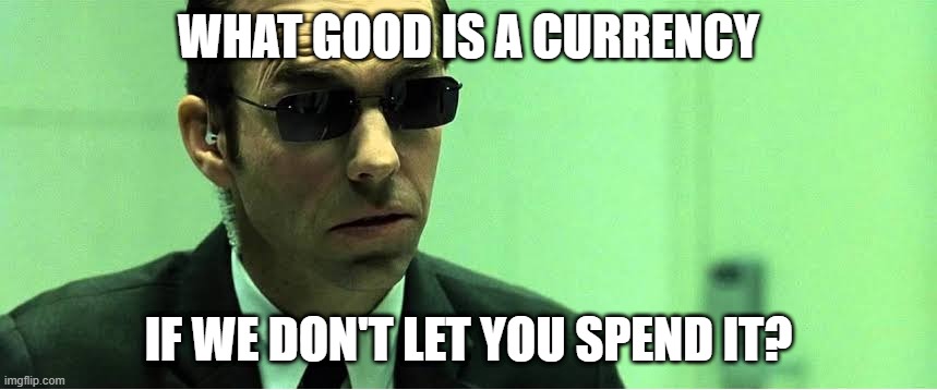 The moment you decide to buy Bitcoin... | WHAT GOOD IS A CURRENCY; IF WE DON'T LET YOU SPEND IT? | image tagged in bitcoin,cryptocurrency,matrix,the matrix,government,finance | made w/ Imgflip meme maker
