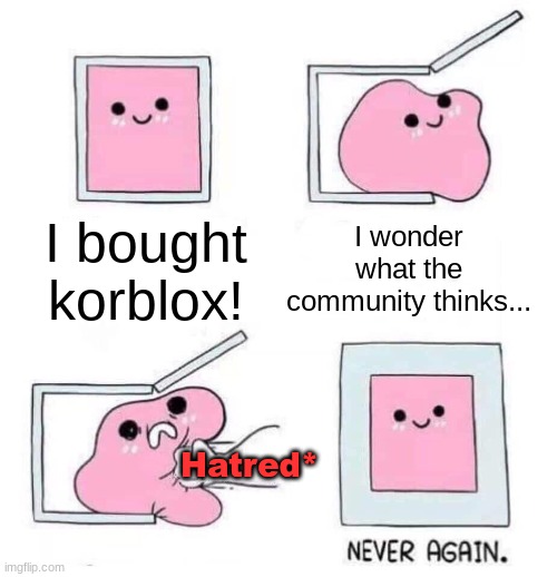 Never again! | I bought korblox! I wonder what the community thinks... Hatred* | image tagged in never again | made w/ Imgflip meme maker