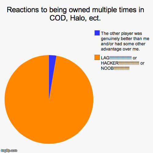 Reactions to being owned multiple times in COD, Halo, ect. | LAG!!!!!!!!!!!!!!!!!! or HACKER!!!!!!!!!!!!!!!!! or NOOB!!!!!!!!!!!!!, The othe | image tagged in funny,pie charts | made w/ Imgflip chart maker
