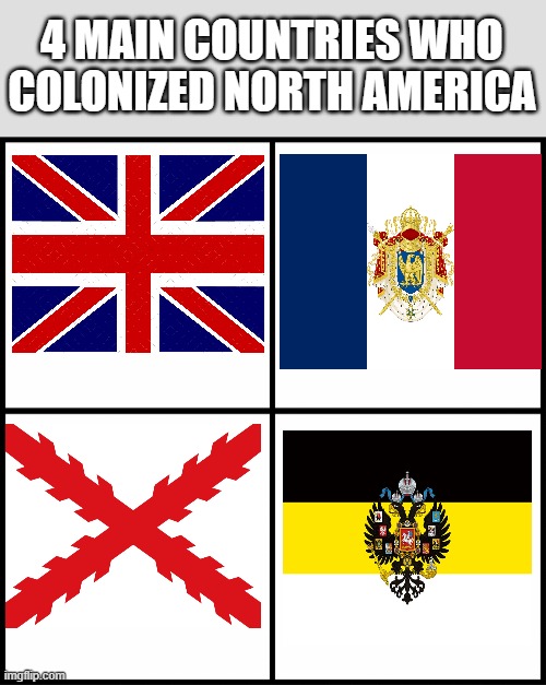 The 4 main colonizers of North America | 4 MAIN COUNTRIES WHO COLONIZED NORTH AMERICA | image tagged in blank drake format,british empire,france,spain,russia | made w/ Imgflip meme maker